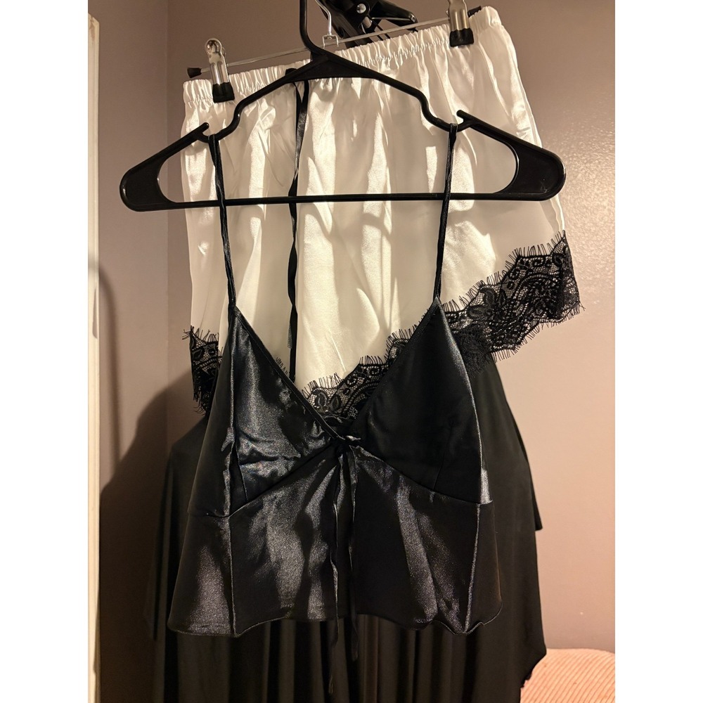 Jun - Black and White Satin with Black Lace Pajamas Sz S